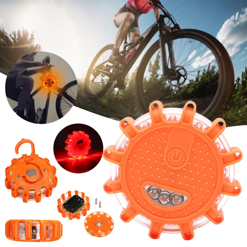 Orange LED safety light with multiple lighting modes, shown with biker and clear sky background.