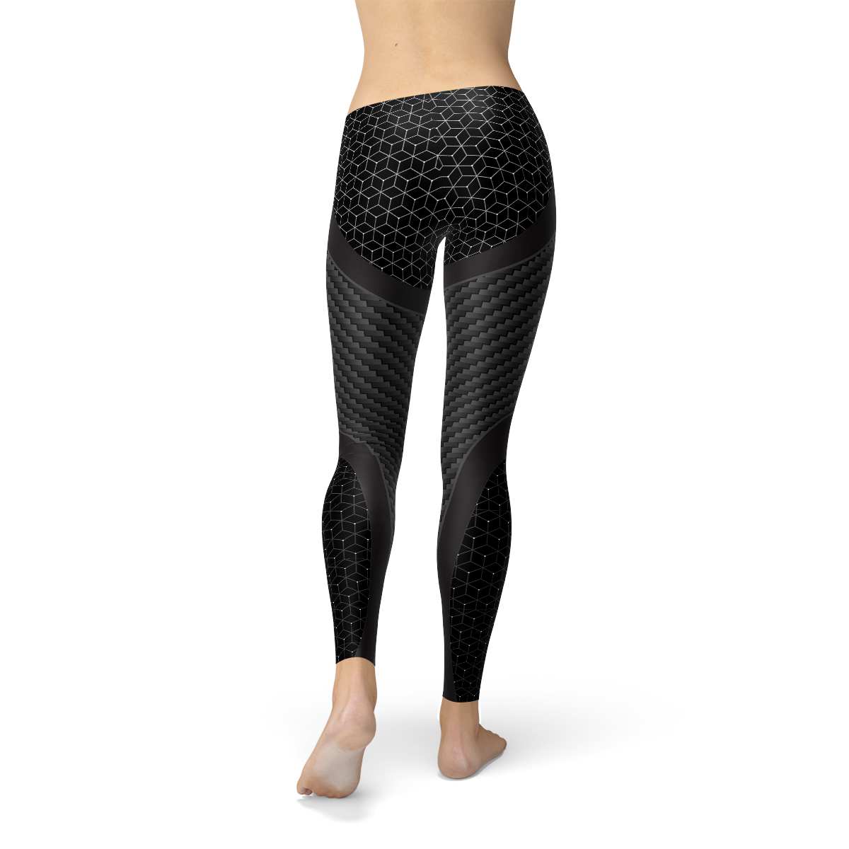 Black leggings with hexagonal and woven patterns, worn by a barefoot person from the back.