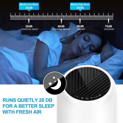 Woman sleeping peacefully; air purifier operating at 20 dB; volume scale; text stating quiet operation.