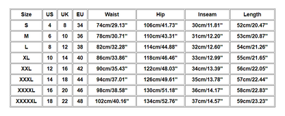 Size chart table for eight sizes, displaying US, UK, EU, waist, hip, inseam, and length measurements.