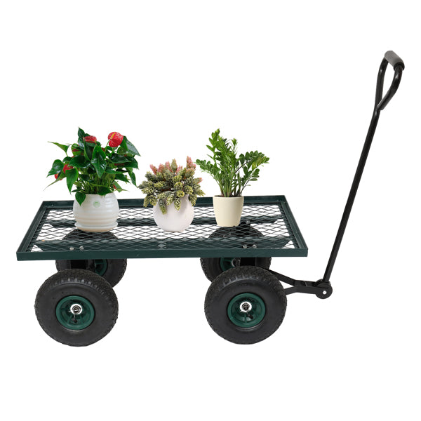 Green metal garden cart with black wheels, carrying three potted plants.