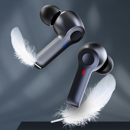 Sleek black wireless earbuds floating, accented by blue and red lights, with soft white feathers.