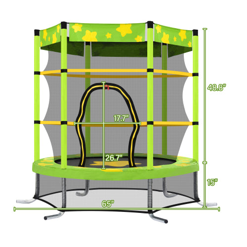 Green round trampoline with yellow stars, safety net, and padded poles; dimensions in inches shown.