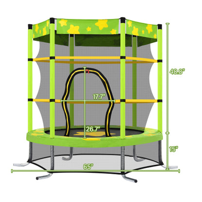 Green round trampoline with yellow stars, safety net, and padded poles; dimensions in inches shown.