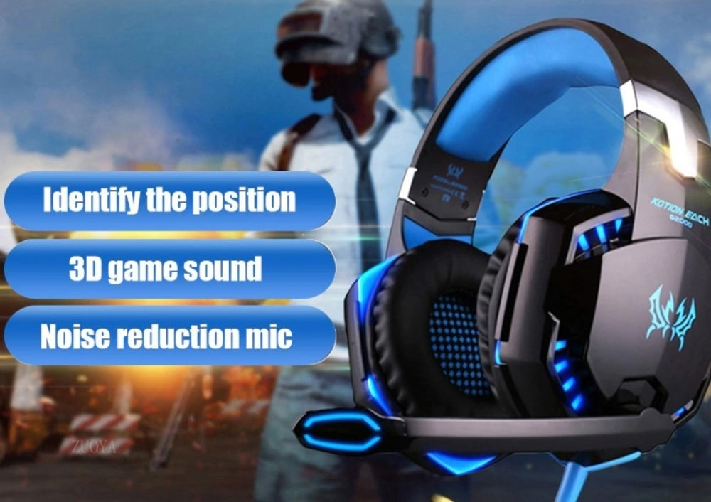 Gaming headset with blue lighting, overlay text highlights features against a blurred shooter game scene.