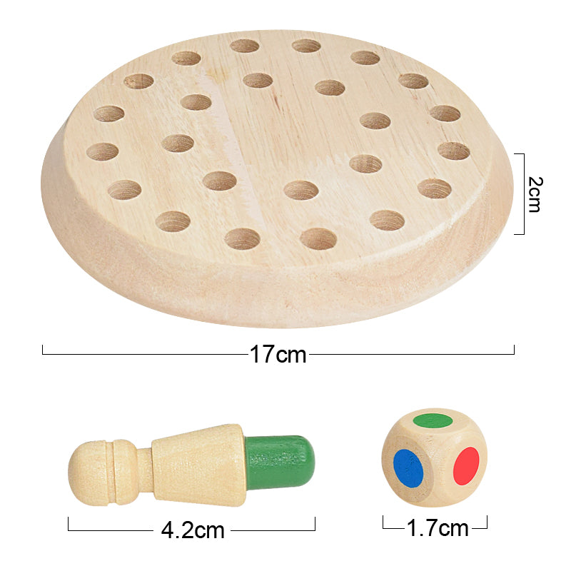 Round wooden board with holes, knob, and dice with red, blue, and green dots. Sizes shown.