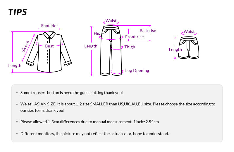 Diagram of clothing measurements with labels for shirt, pants, and shorts; includes sizing tips.