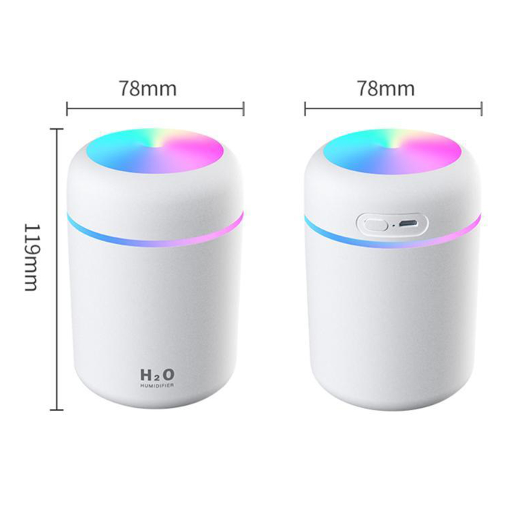 White cylindrical humidifiers with multi-color LED tops, 78mm wide, 119mm tall.