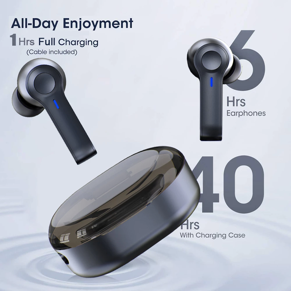 Sleek black earbuds and charging case with blue accents; bold "6 Hrs" and "40 Hrs" text on light background.