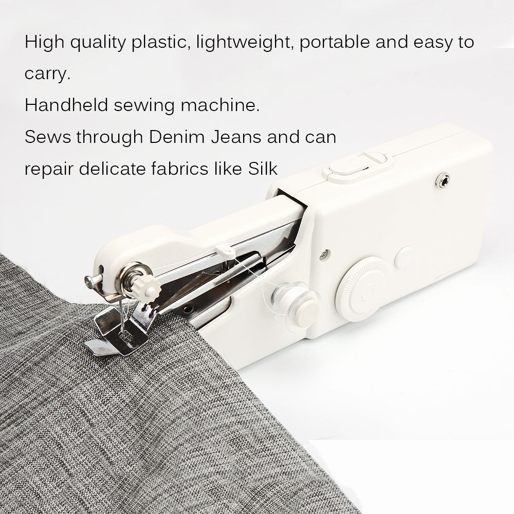 Handheld white sewing machine stitching gray fabric, with text describing its features.