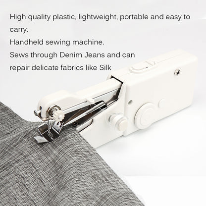 Handheld white sewing machine stitching gray fabric, with text describing its features.