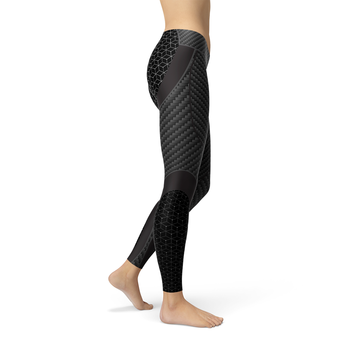 Person wearing black leggings with geometric patterns and textures, standing on tiptoe.