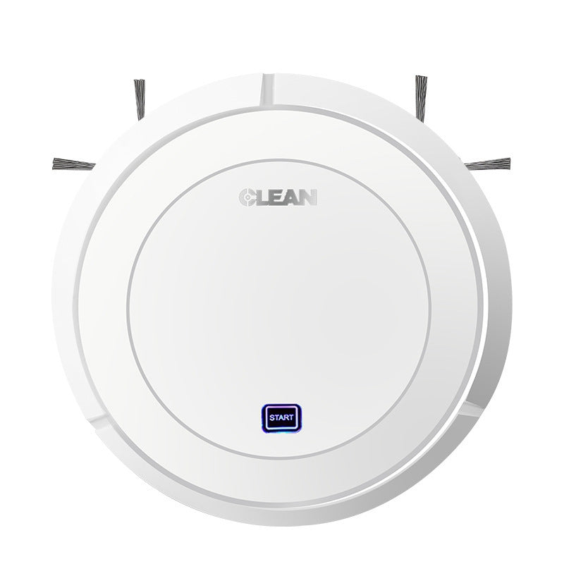 White robotic vacuum cleaner with black side brushes and a blue-lit "Start" button.