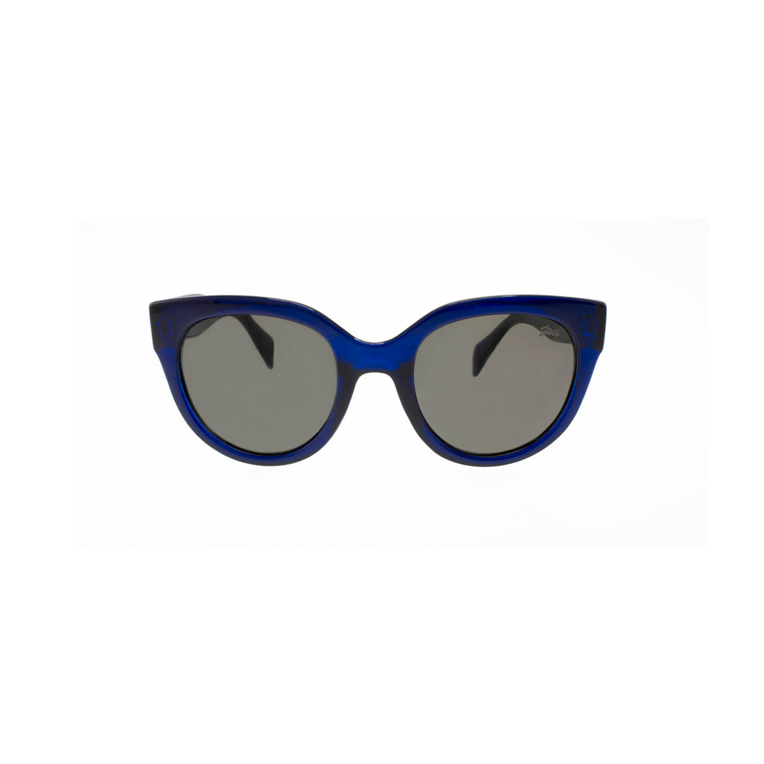 Blue cat-eye sunglasses with black lenses.