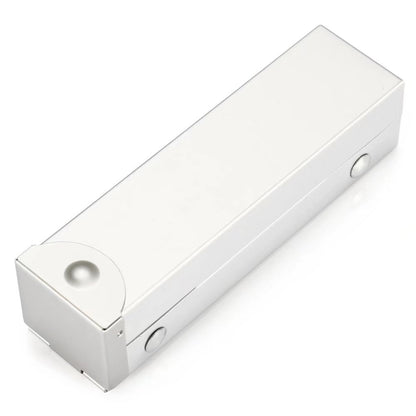 Silver rectangular box with rounded corners and two circular buttons on the sides.