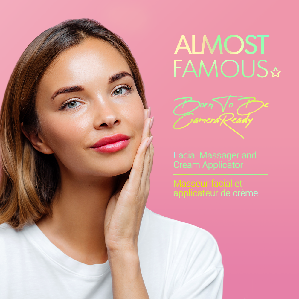 Woman touching her face against a pink gradient background, with beauty product text and logos.