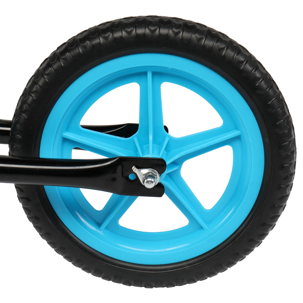 Blue wheel with black tire and spokes on a black metal frame, close-up view.