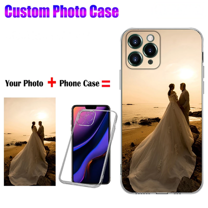 Phone case with wedding photo of couple on beach at sunset; text above reads "Custom Photo Case."