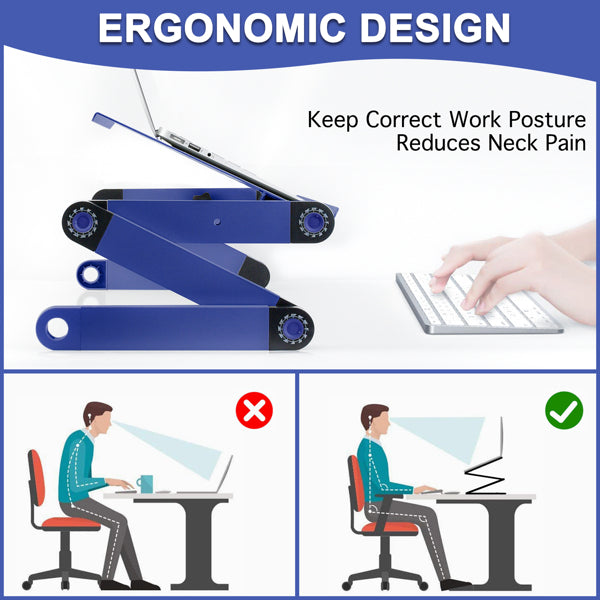 Laptop stand in blue, elevating a laptop. Illustrations show correct and incorrect sitting posture.