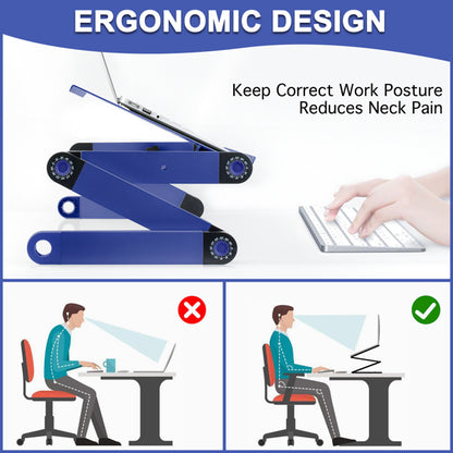 Laptop stand in blue, elevating a laptop. Illustrations show correct and incorrect sitting posture.