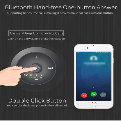 Hand touching a circular FM control. Smartphone with a call screen is on the right.