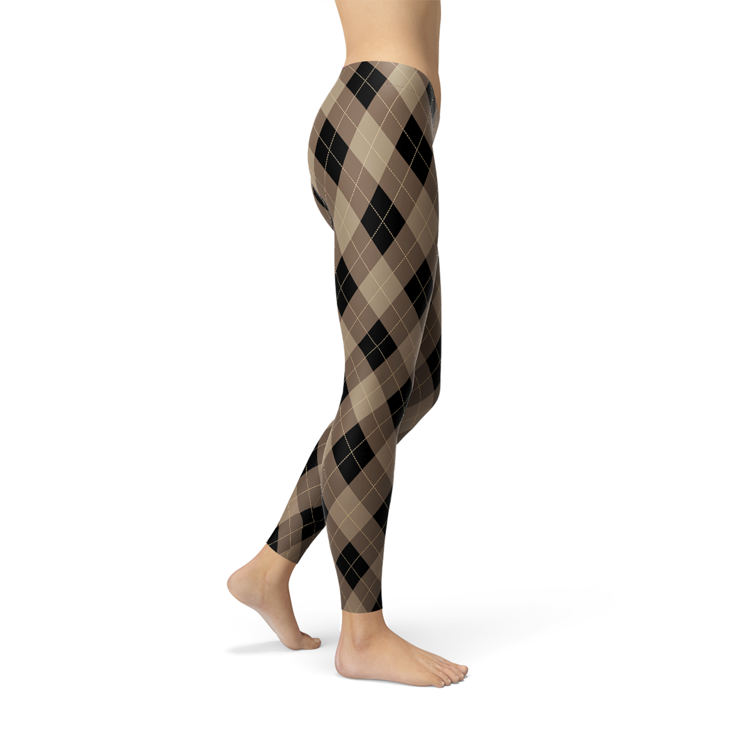 Argyle pattern leggings in shades of brown and black displayed on a model&