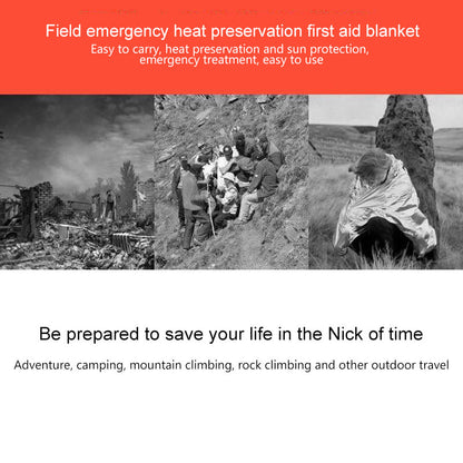 Collage of emergency, rescue scenes; a person wrapped in a foil blanket; red header with text.
