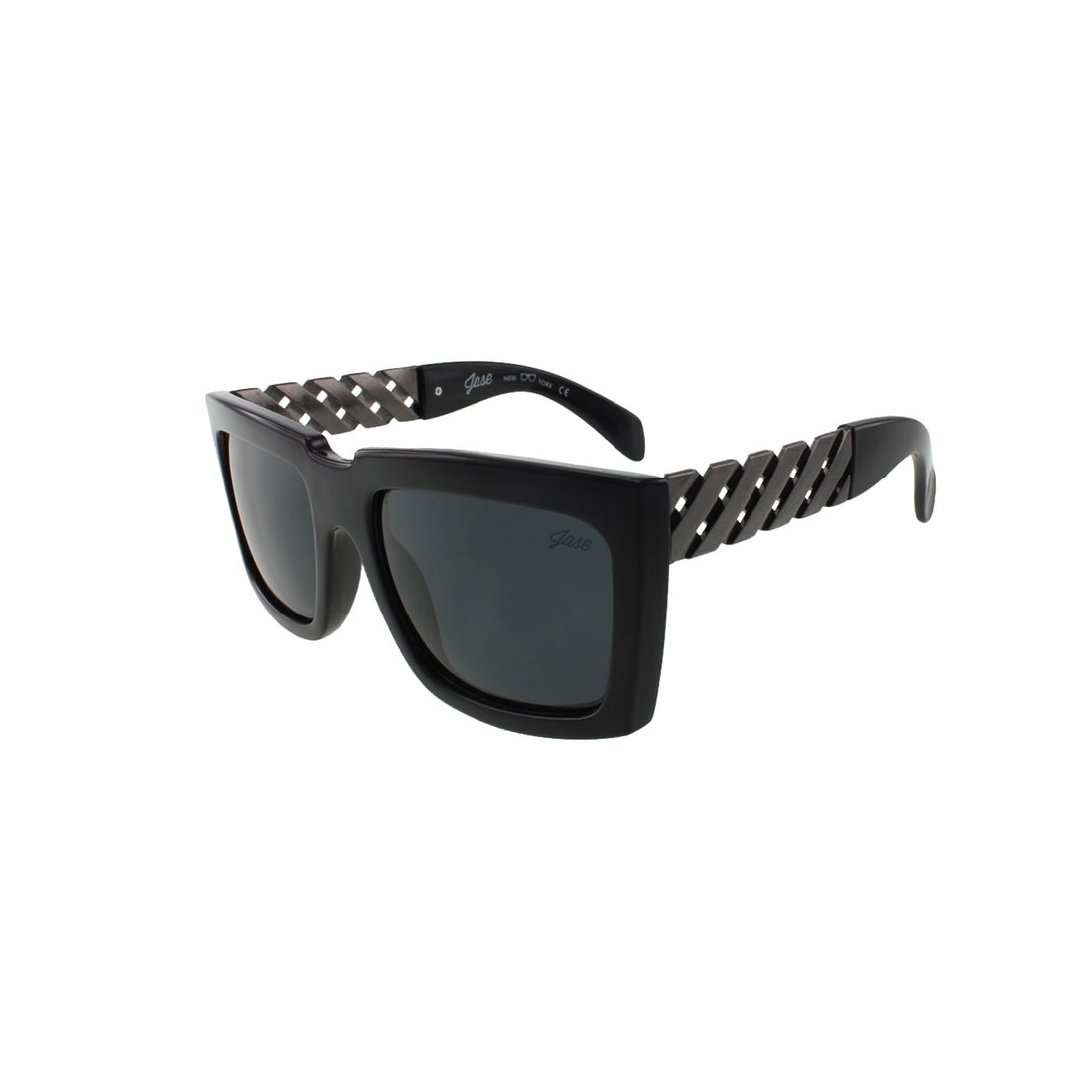 Black sunglasses with square frames and lattice-patterned, metallic sidearms on a white background.