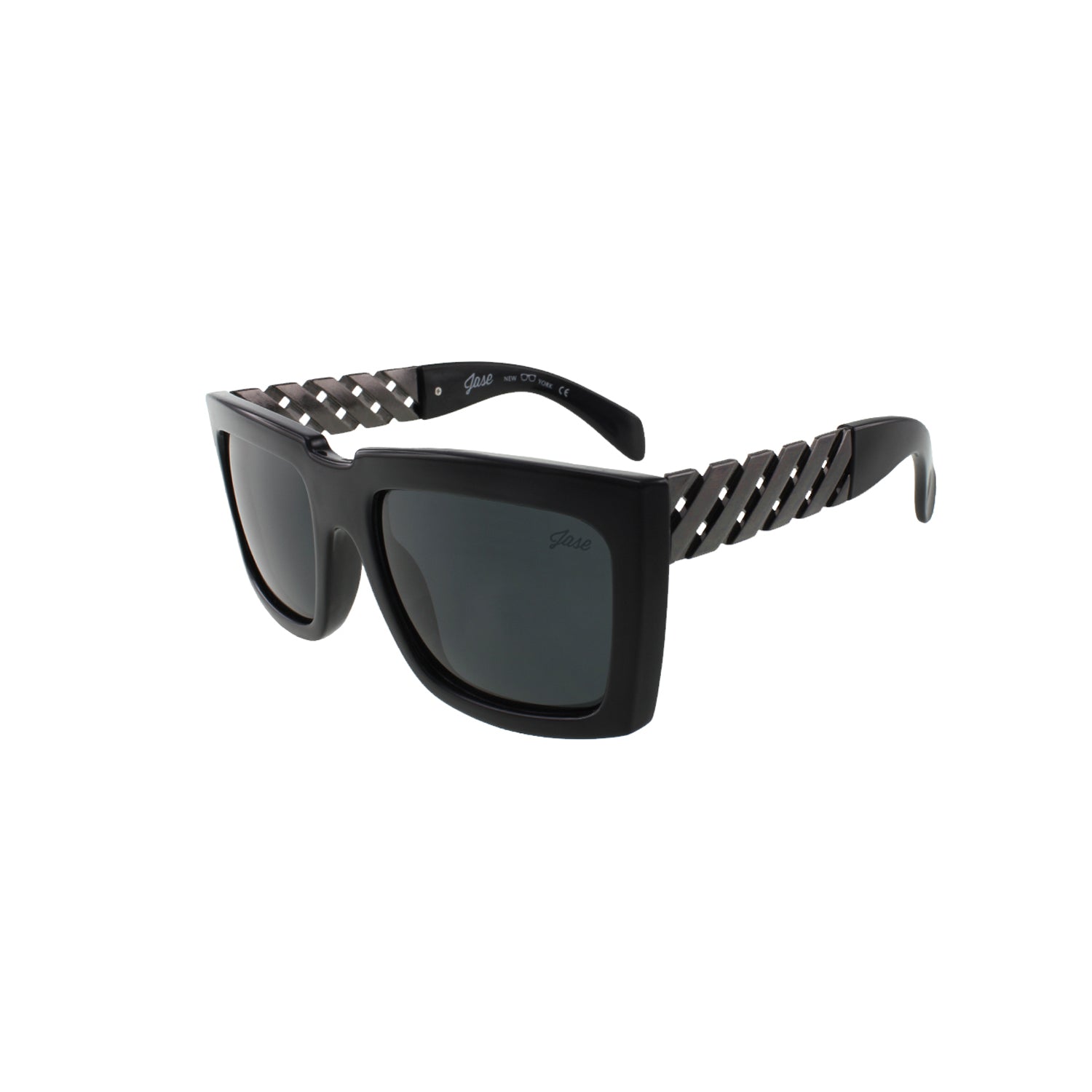 Black sunglasses with square frames and lattice-patterned, metallic sidearms on a white background.