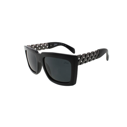 Black sunglasses with square frames and lattice-patterned, metallic sidearms on a white background.