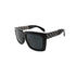 Black sunglasses with square frames and lattice-patterned, metallic sidearms on a white background.