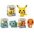 Three Funko Pop! figures: yellow Pikachu, green Bulbasaur, orange Charmander, each with a box.