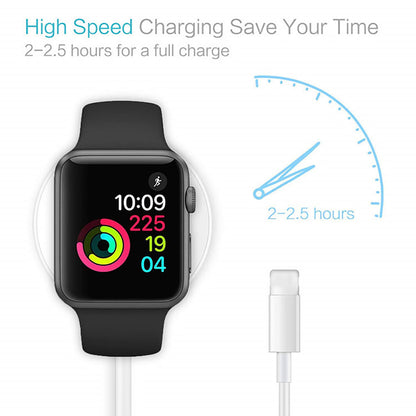 Smartwatch with black band charging, colorful activity rings; text indicates 2-2.5 hours charge time.