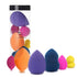 Colorful makeup sponges in purple, blue, pink, yellow, and orange displayed outside a clear tube.