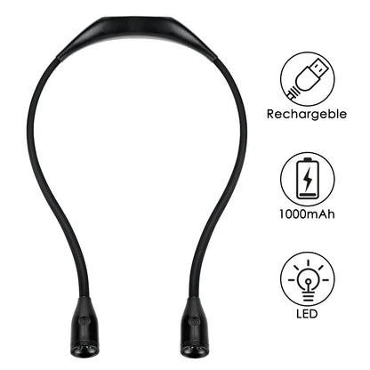 Black flexible neck reading light with dual LEDs; USB rechargeable, 1000mAh, LED icons shown.