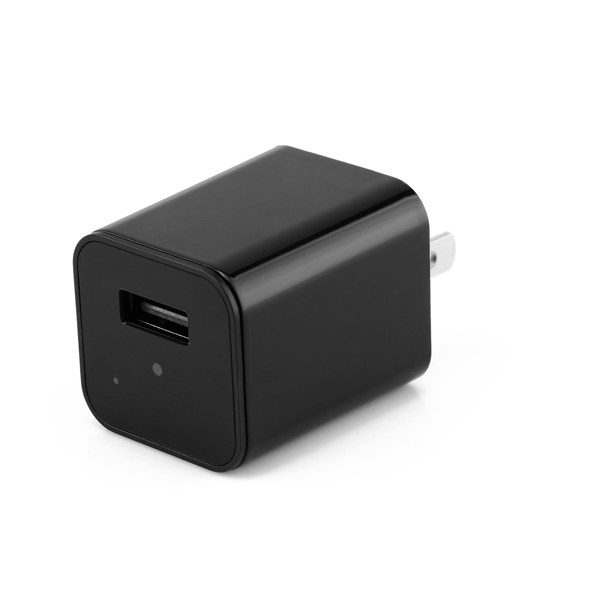 Black USB wall charger with prongs and a single USB port on a white background.