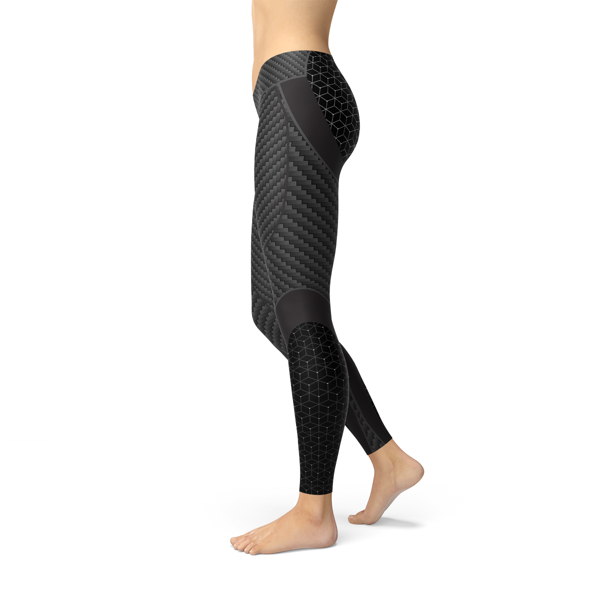 Person wearing black geometric-patterned leggings, side view, barefoot on white background.