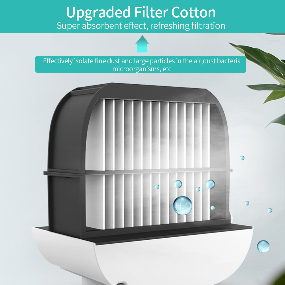 Gray air filter with vertical slats, blue water droplets, and text on green background.