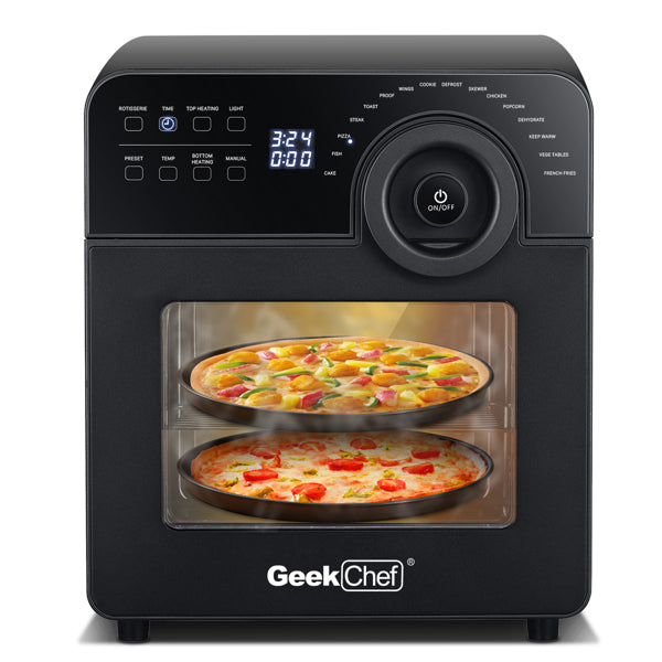Black GeekChef oven with two pizzas inside, glowing digital display, and control buttons.