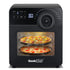 Black GeekChef oven with two pizzas inside, glowing digital display, and control buttons.