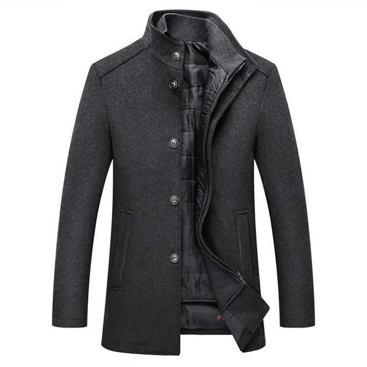 Dark gray coat with button closure, high collar, and smooth, quilted inner lining.