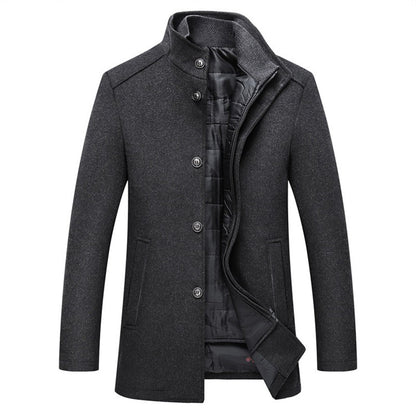 Dark gray coat with button closure, high collar, and smooth, quilted inner lining.