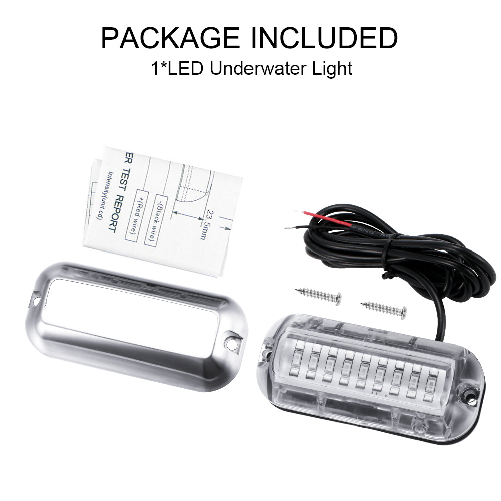 LED underwater light with casing, screws, instructions, and black wire on a white background.