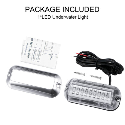 LED underwater light with casing, screws, instructions, and black wire on a white background.