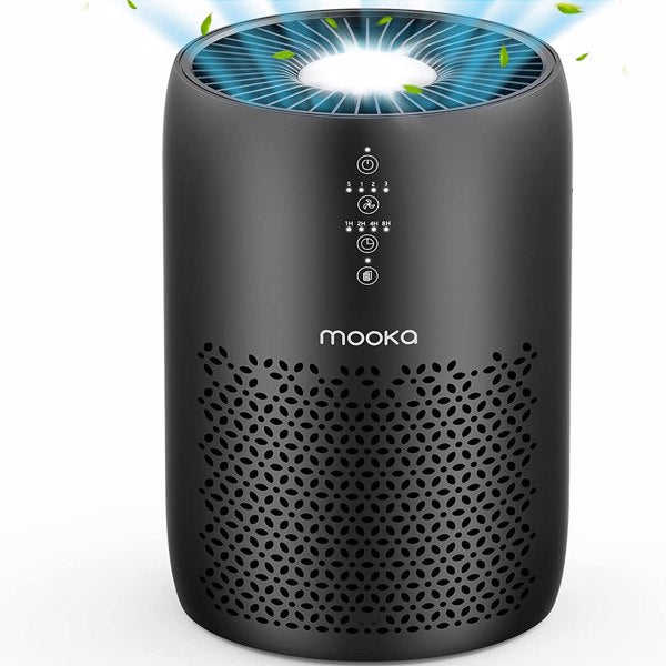 Black cylindrical air purifier with blue glowing top and perforated design.
