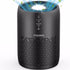Black cylindrical air purifier with blue glowing top and perforated design.