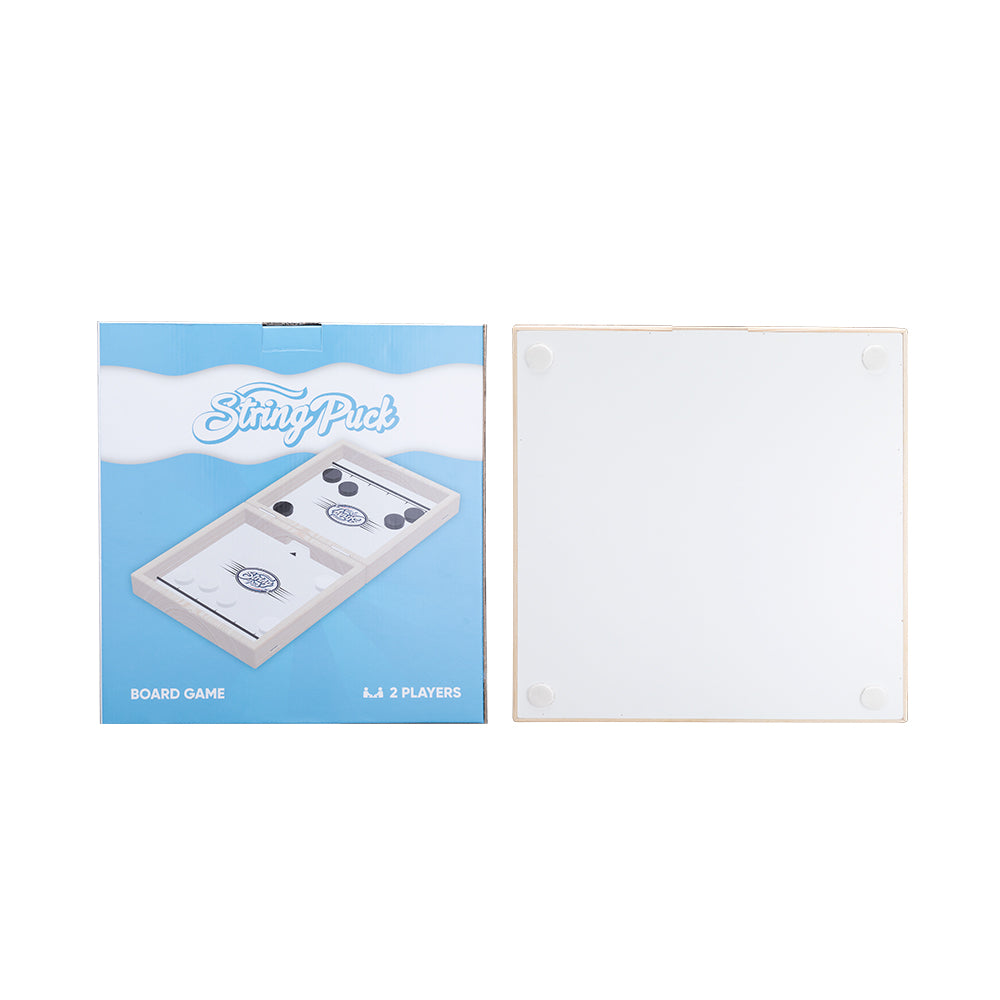 Board game box with blue background, "String Puck" text, and a white, square game board beside it.