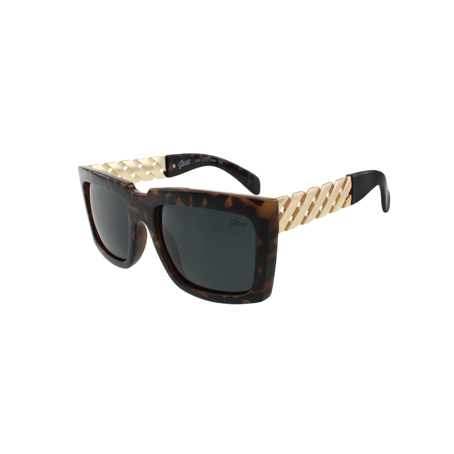 Tortoiseshell sunglasses with dark lenses and gold crisscrossed arms on a white background.