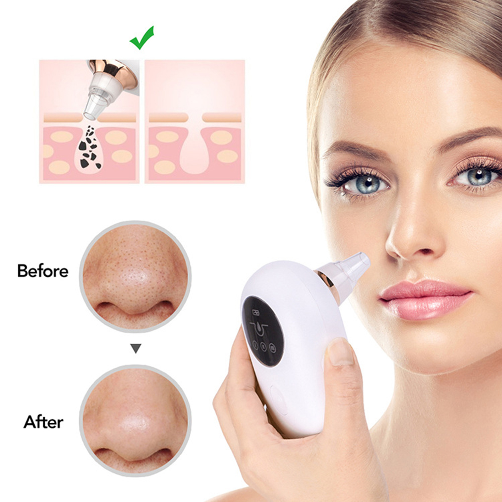 Woman uses a white facial device; before and after nose close-ups show pore size reduction.