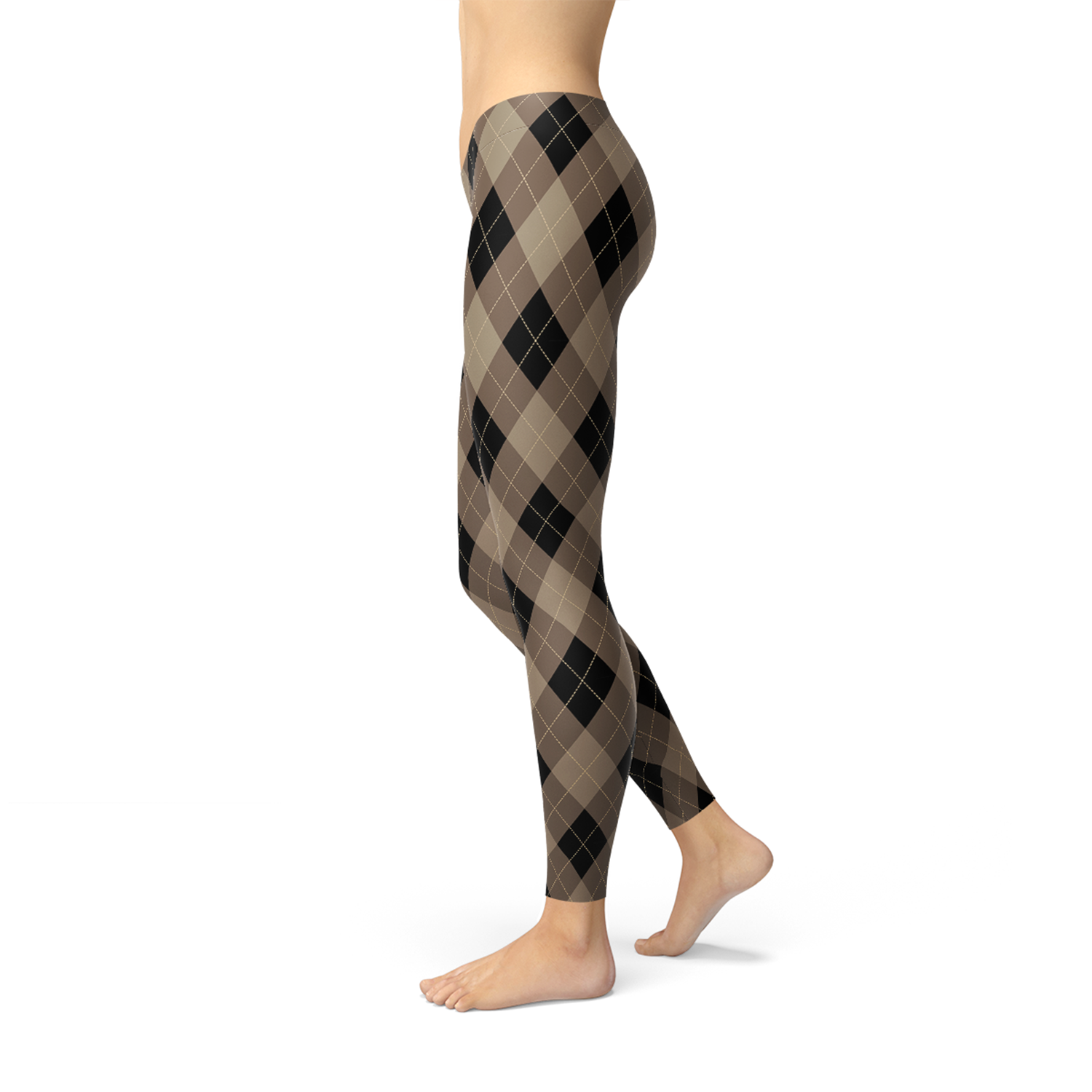 Person wearing brown and black argyle-patterned leggings on a white background, shown in side view.